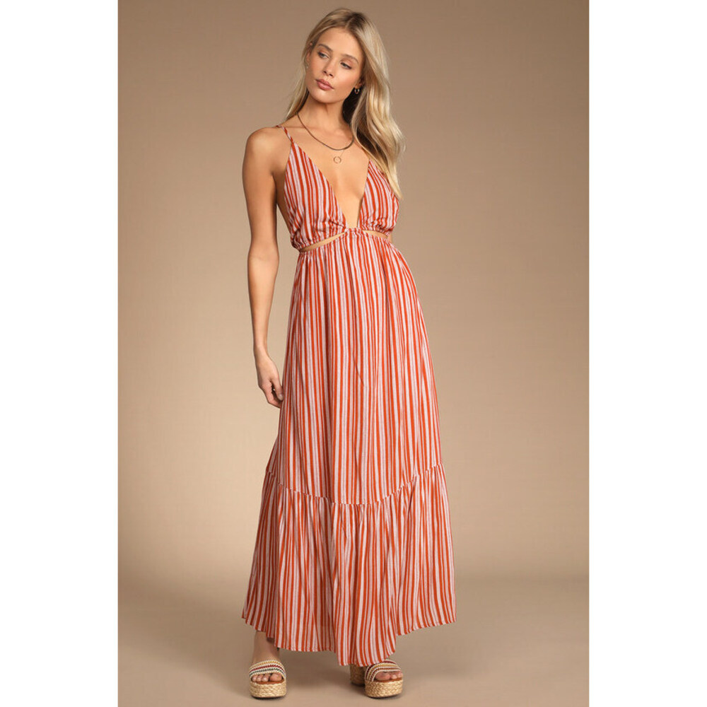 Lulus Beautifully Breathtaking Rust Striped Cutout Maxi Dress Orange - Size XS